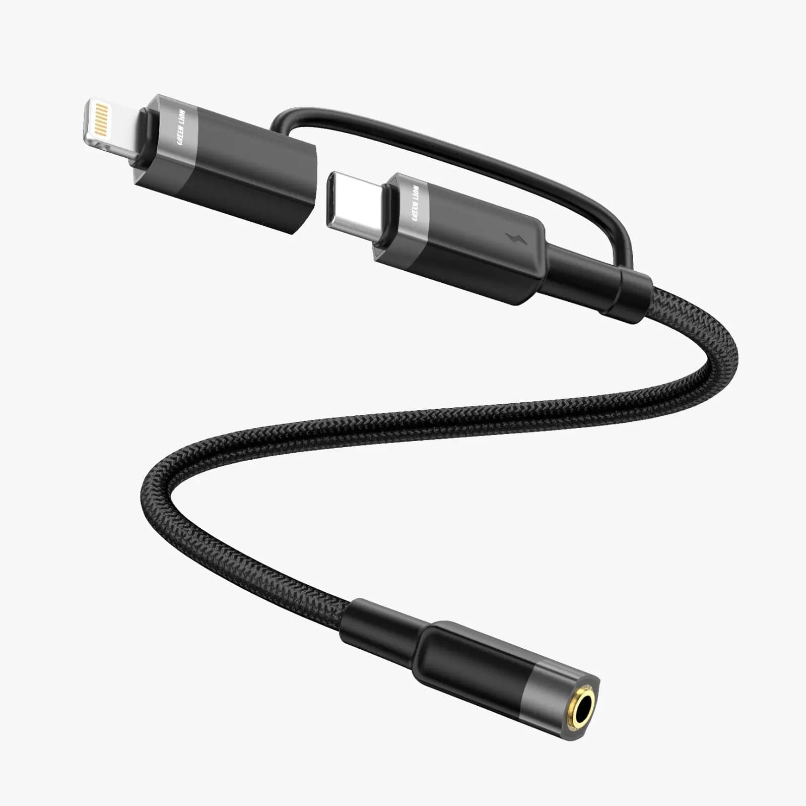 Green Lion 2-in-1 Audio Cable 12CM USB-C/Lightning to 3.5mm Jack - Black