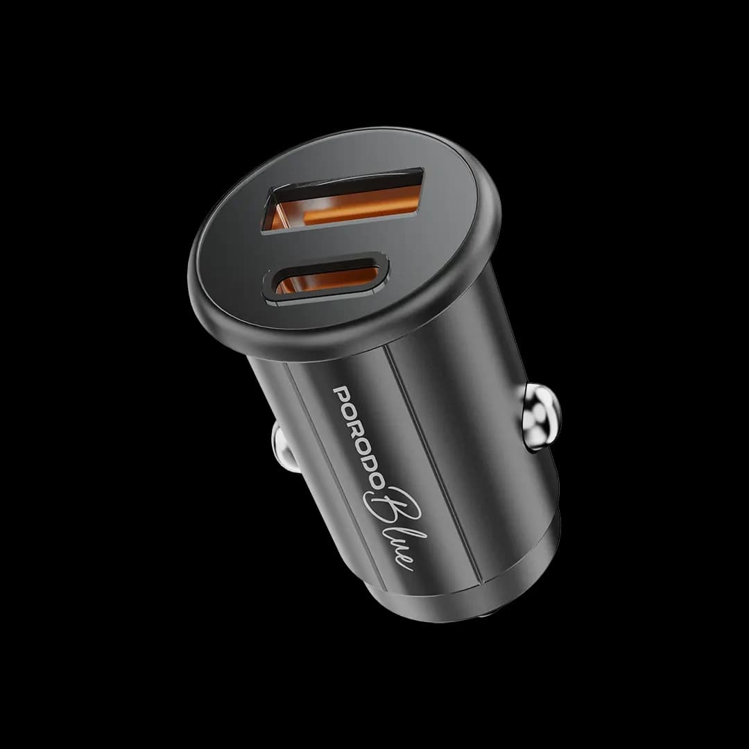 Porodo Blue 15W USB-A+C Port Car Charger with C-to-C 0.9m Cable - Black