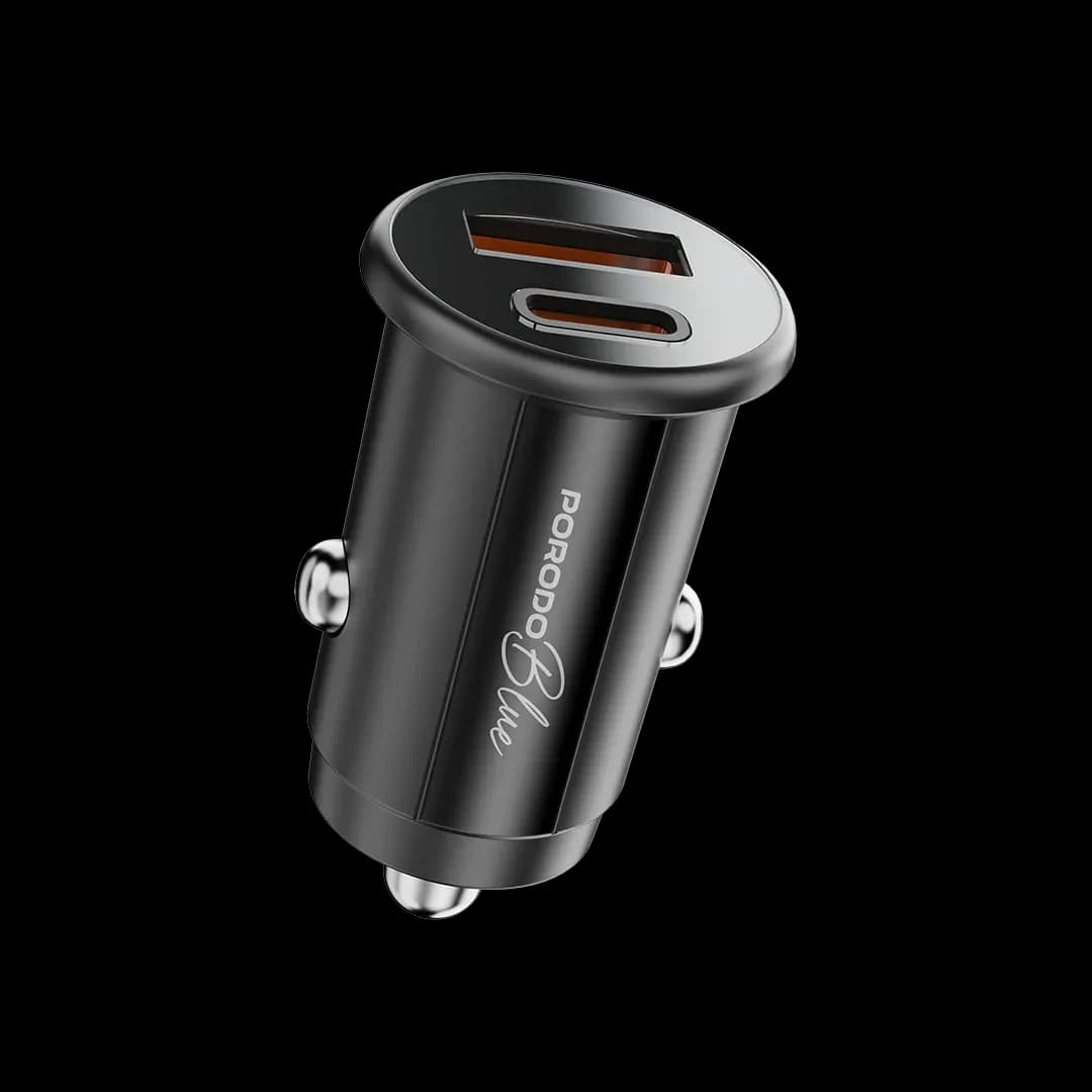 Porodo Blue 15W USB-A+C Port Car Charger with C-to-L 0.9m Cable - Black