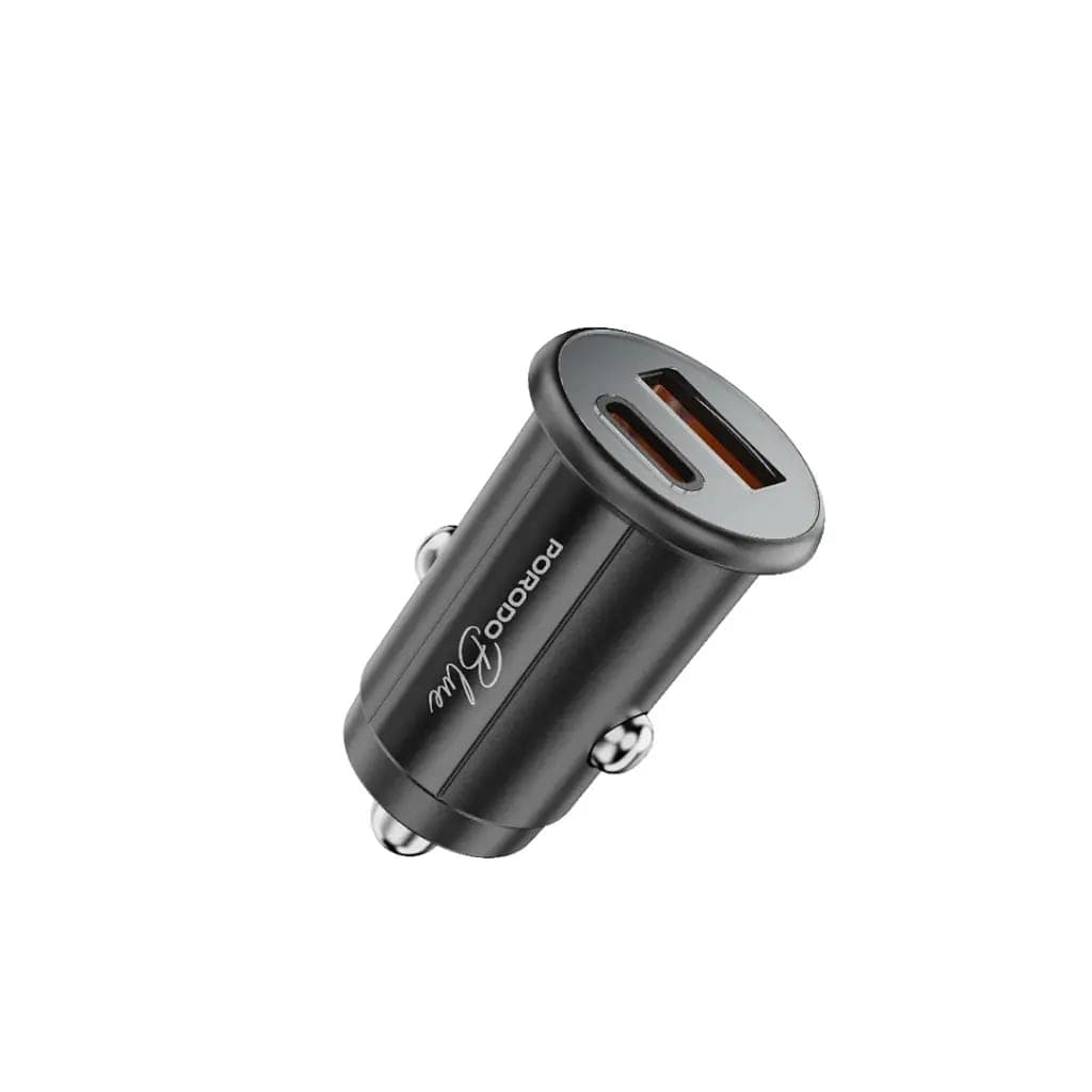 Porodo Blue 15W USB-A+C Port Car Charger - Black