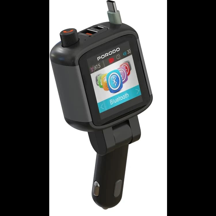 Porodo BT Transmitter Car Charger with Screen, Retractable Cable - Black