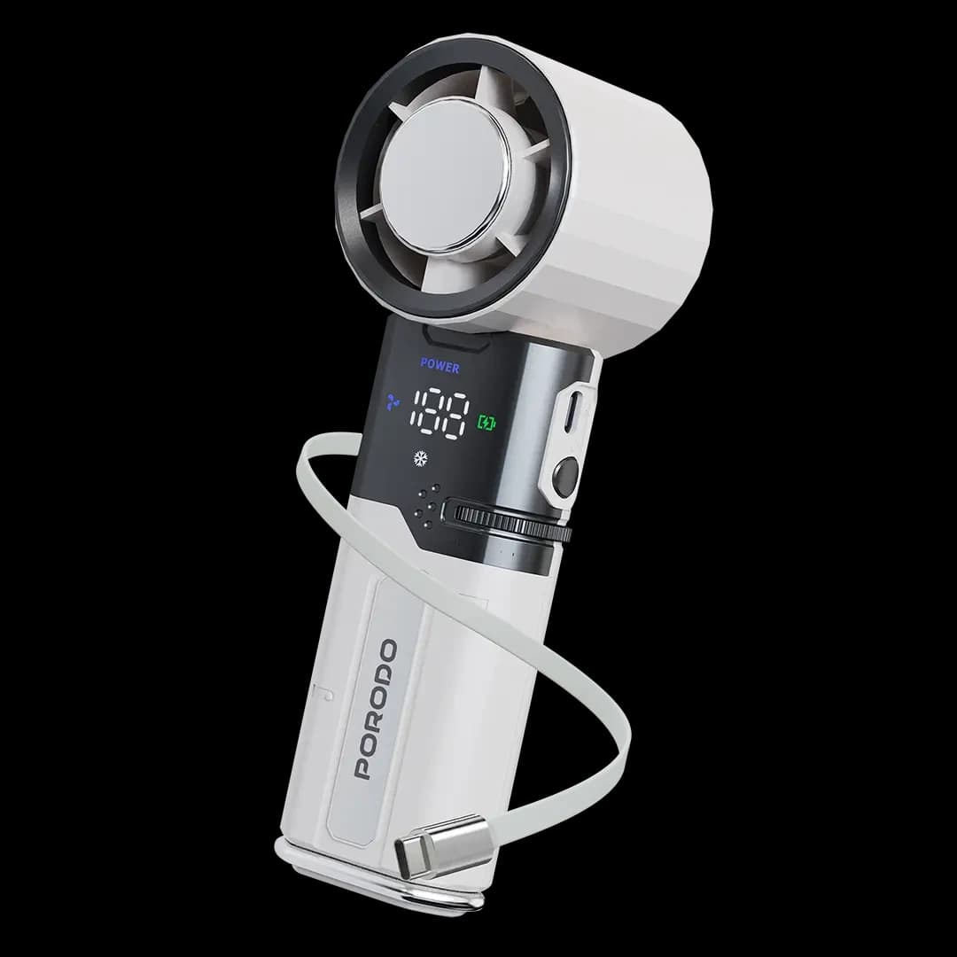 Porodo Lifestyle Chillo Plus Portable Fan, Retractable Cable & 6000mAh Power Bank - White