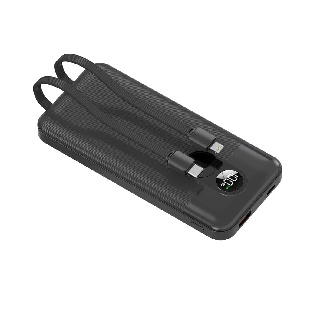 Porodo 10000mAh Powerbank 2xType-C/USB-A, Digital Display, Integrated Cable - Black