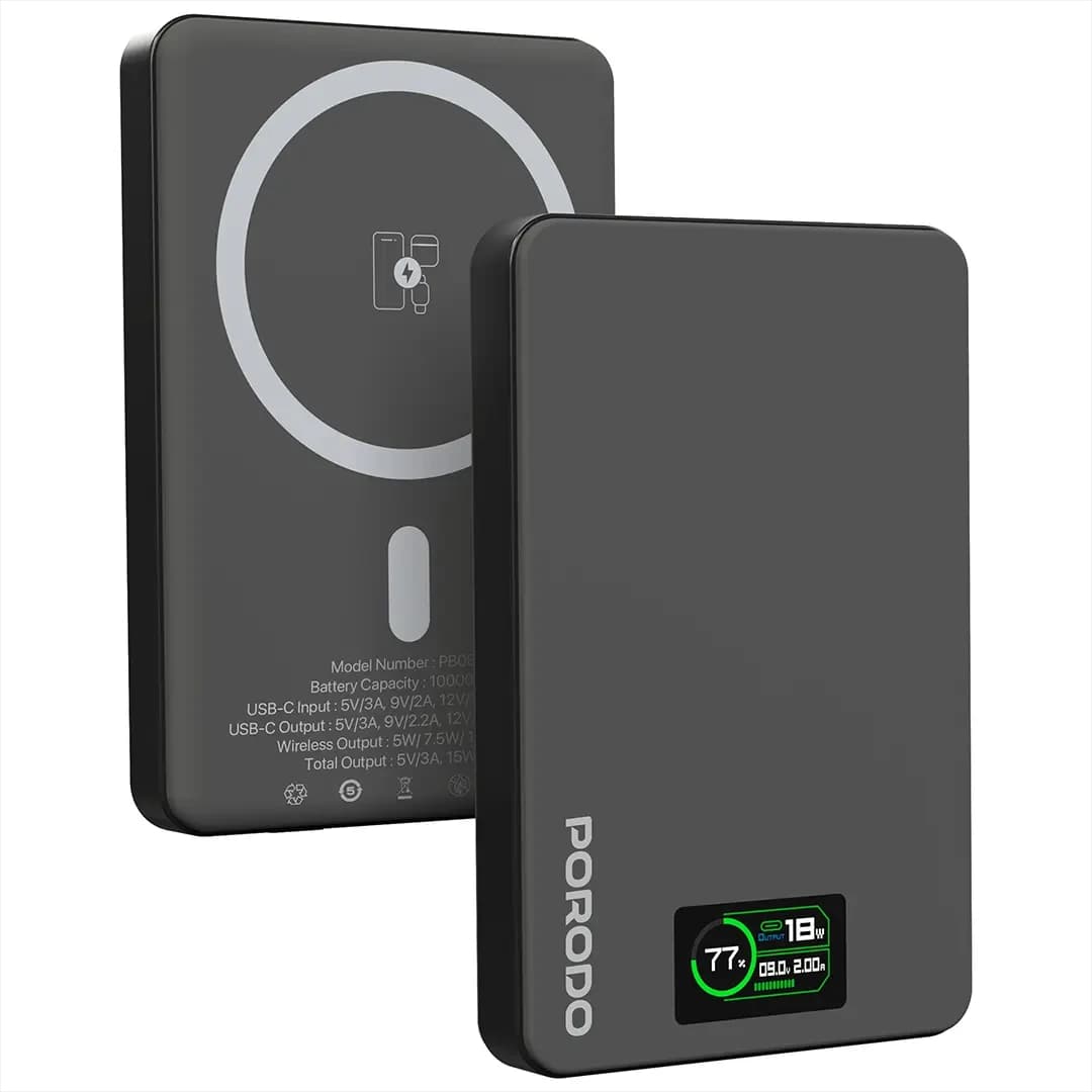 Porodo 10000mAh Power Bank 5V/3A(Max) TFT Display - Dark Grey