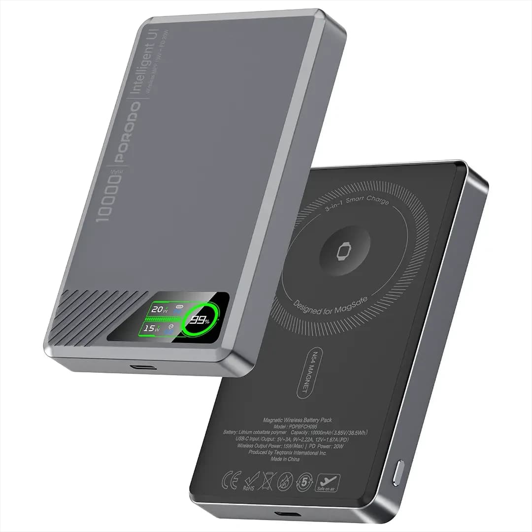 Porodo Slimmag 10000mAh TFT Display Slim Magnetic Wireless Powerbank - Grey