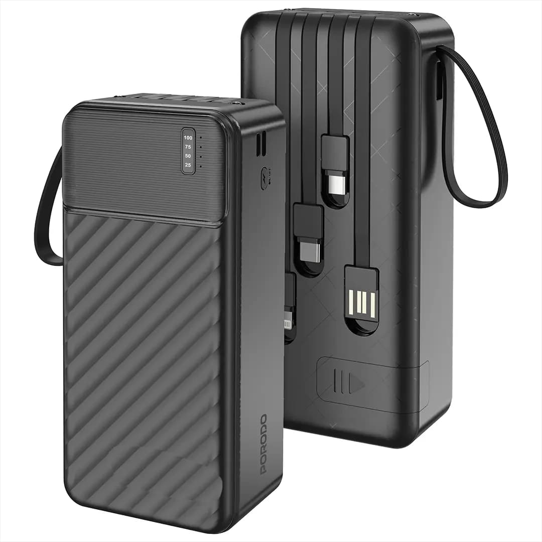 Porodo Piano 30000mAh Power Bank with 4-Wire Plugin & Hanging Rope - Black