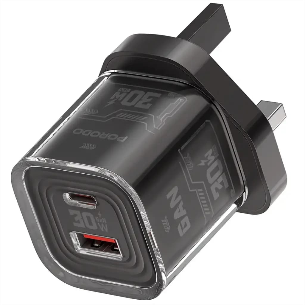 Porodo Tezclarte PD 30W + USB 3.0 GaN Charger with Transparent Shell - Black